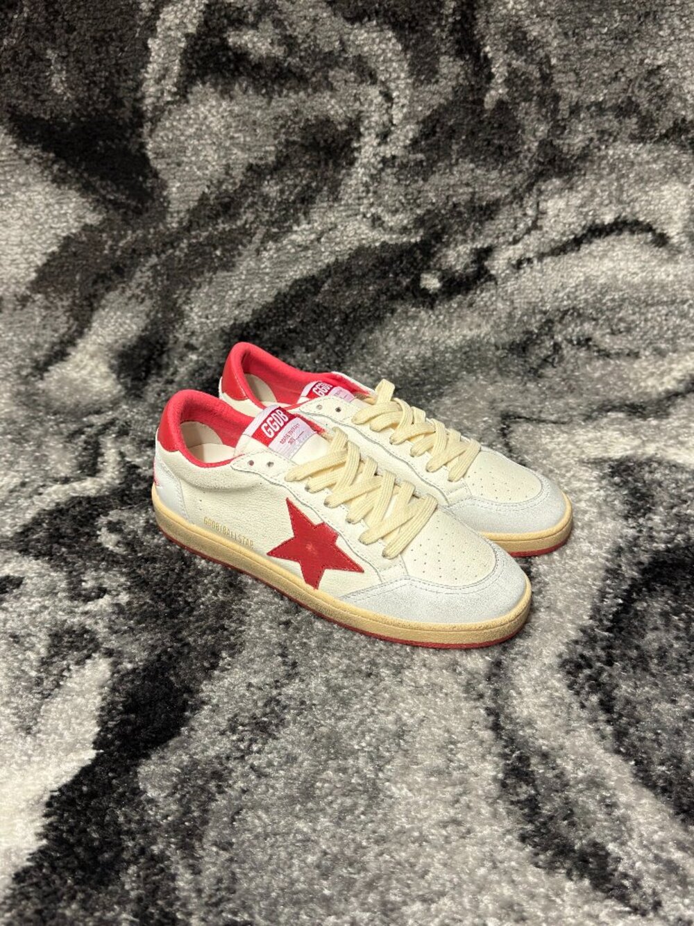 Golden Goose Women's Ball Star in white leather with red star and heel tab 39 8